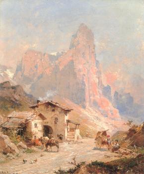 Franz Richard Unterberger : Figures in a Village in the Dolomites